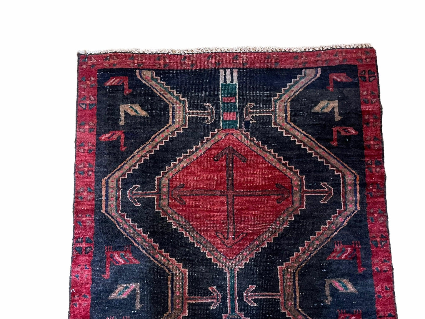 3 X 7 Handmade Wool Tribal Runner Rug Geometric Red Blue Boho Organic Dyes