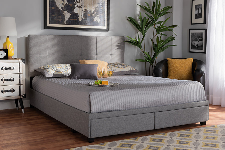Baxton Studio Netti Light Grey Fabric Upholstered 2-Drawer King Size Platform Storage Bed