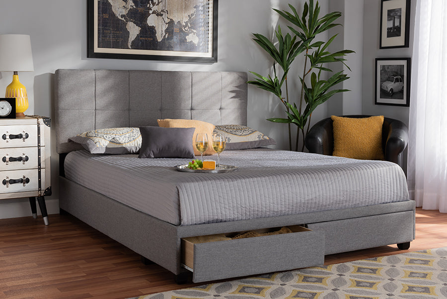 Baxton Studio Netti Light Grey Fabric Upholstered 2-Drawer King Size Platform Storage Bed