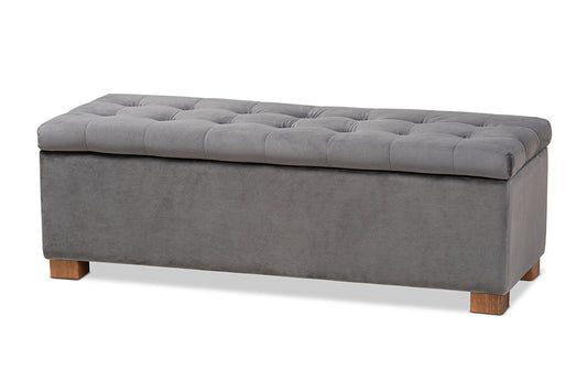 Baxton Studio Roanoke Modern and Contemporary Grey Velvet Fabric Upholstered Grid-Tufted Storage Ottoman Bench
