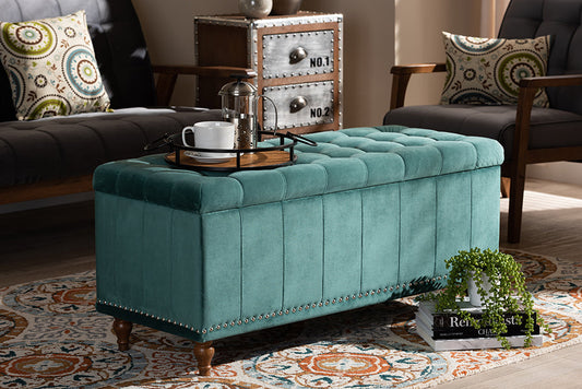 Baxton Studio Kaylee Modern and Contemporary Teal Blue Velvet Fabric Upholstered Button-Tufted Storage Ottoman Bench