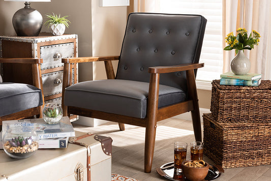 Baxton Studio Sorrento Mid-century Modern Grey Velvet Fabric Upholstered Walnut Finished Wooden Lounge Chair
