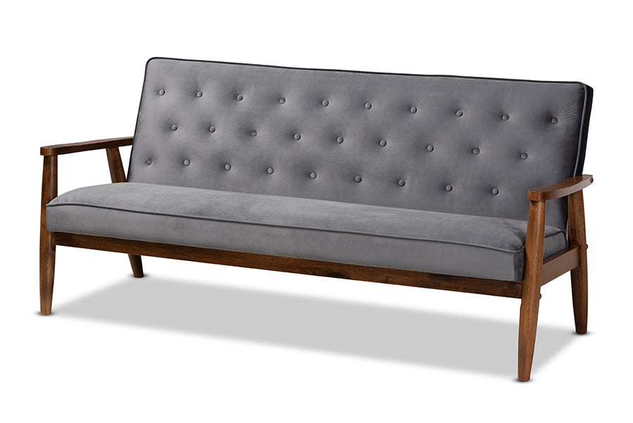 Baxton Studio Sorrento Mid-century Modern Grey Velvet Fabric Upholstered Walnut Finished 3-Piece Wooden Living Room Set