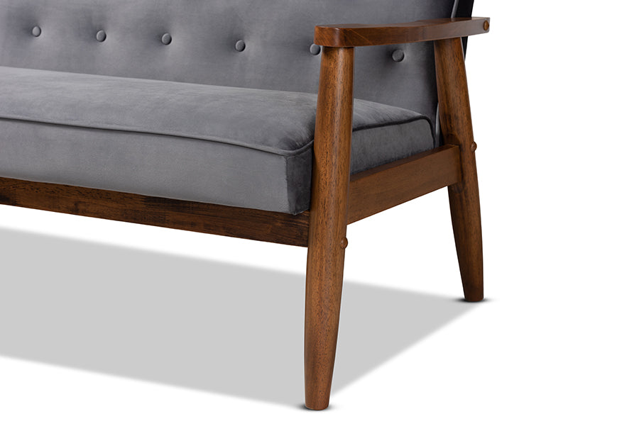 Baxton Studio Sorrento Mid-century Modern Grey Velvet Fabric Upholstered Walnut Finished 3-Piece Wooden Living Room Set