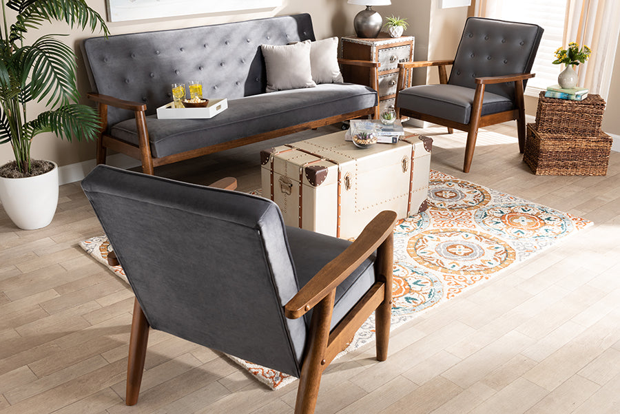 Baxton Studio Sorrento Mid-century Modern Grey Velvet Fabric Upholstered Walnut Finished 3-Piece Wooden Living Room Set