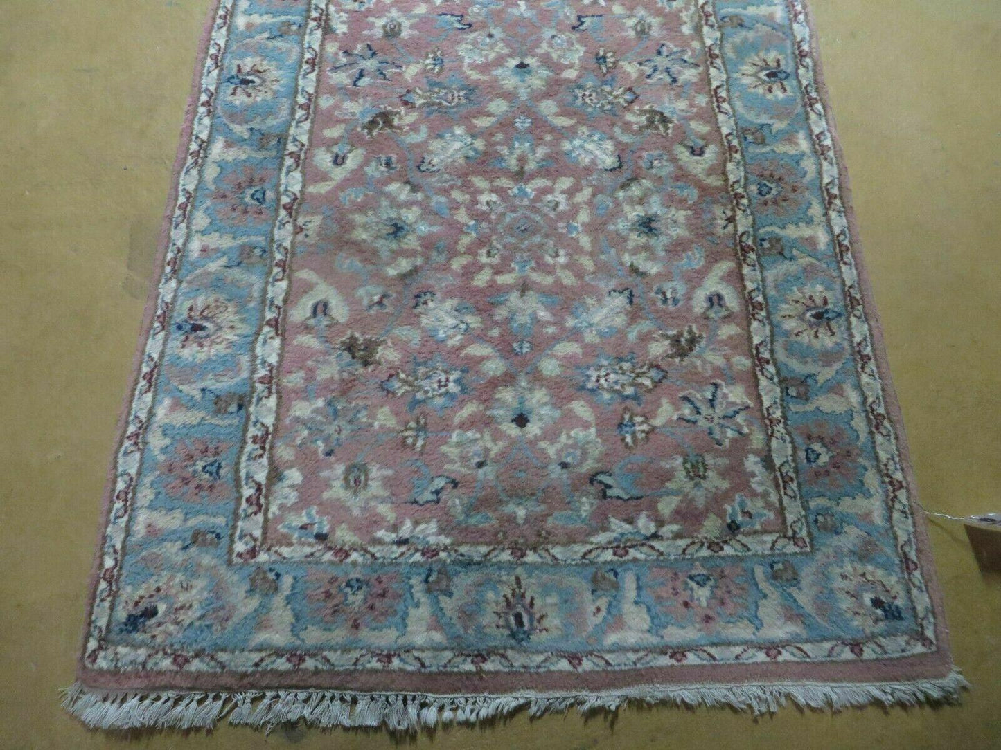Indo Persian Runner Rug 2.8 x 12, Wool Hand Knotted, Pink and Light Blue