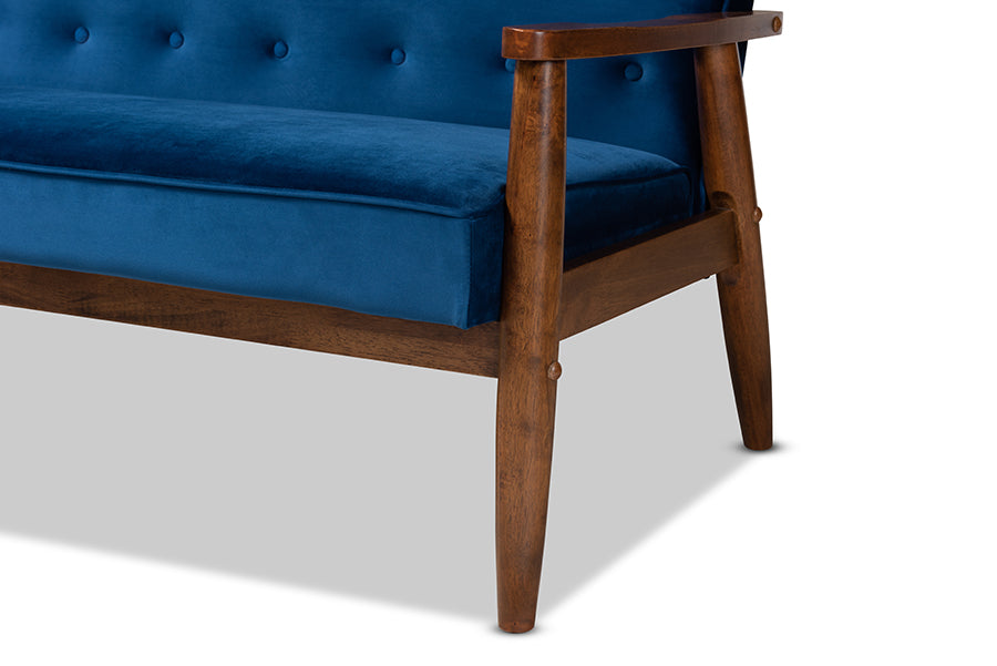 Baxton Studio Sorrento Mid-century Modern Navy Blue Velvet Fabric Upholstered Walnut Finished Wooden 3-seater Sofa
