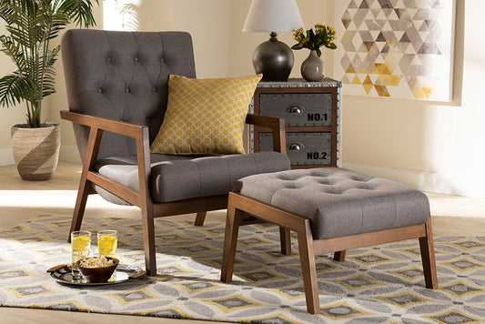 Baxton Studio Naeva Mid-Century Modern Grey Fabric Upholstered Walnut Finished Wood 2-Piece Armchair and Footstool Set