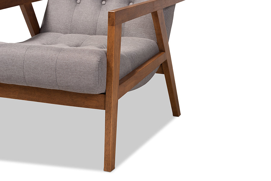 Baxton Studio Naeva Mid-Century Modern Grey Fabric Upholstered Walnut Finished Wood 2-Piece Armchair and Footstool Set