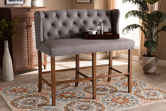 Baxton Studio Alira Modern and Contemporary Grey Fabric Upholstered Walnut Finished Wood Button Tufted Bar Stool Bench