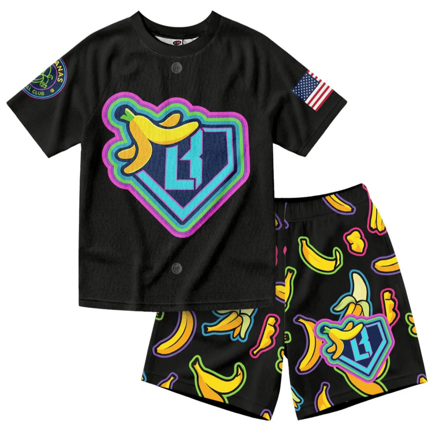 Retro Banana Dabbing American Flag Jersey Outfit – Toddler Quick-Dry Mesh Set, Patriotic 4th of July Kids Uniform