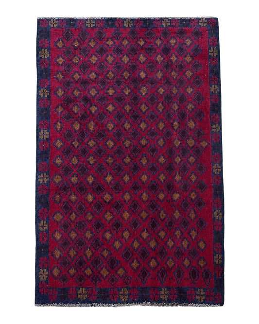 3x5 New Vintage Handmade Tribal Wool Rug Balouch Rug Afghan Rug Red Blue Diamond