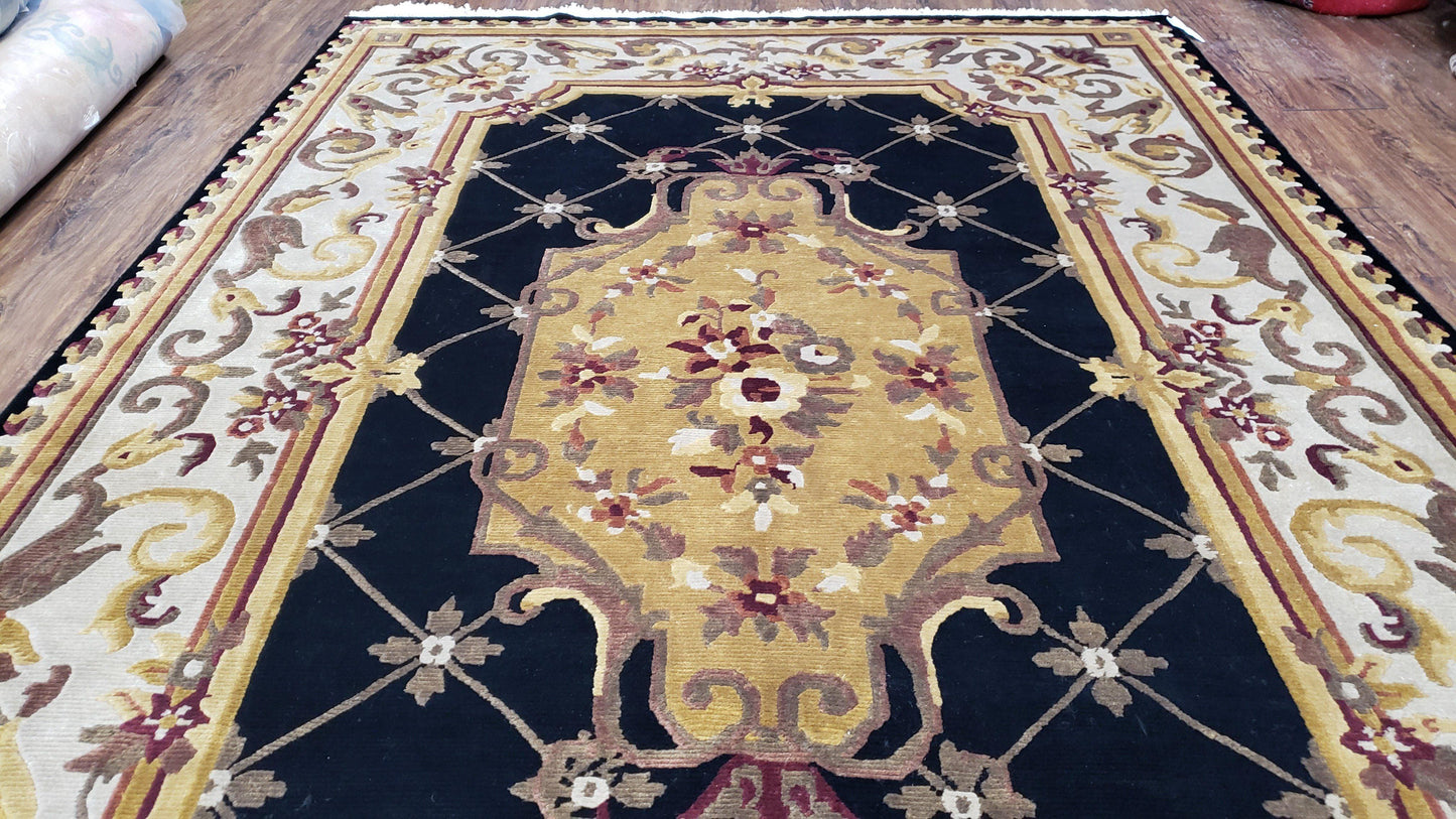 6x9 Nepalese Rug, Aubusson Savonnerie Area Rug 6 x 9 with Soft Pile, Hand-Knotted Wool Black & Beige Tibetan New Carpet European Design