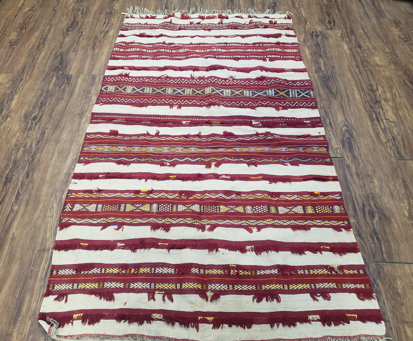 Antique Turkoman Yamud Rug 3x5 ft, 1920s Turkmen Sofreh Table Cover, Bohemian Rug, Tribal Collectible, Striped Rug, Handmade Ivory and Red