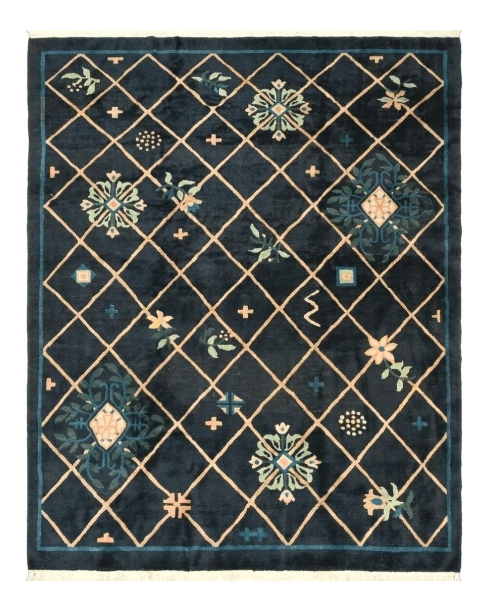 Tibetan Rug 9x12, Hand Knotted Tibet Nepali Contemporary Carpet 9 x 12 ft, Black and Tan, Handmade Area Rug Room Sized, Nepalese Rug