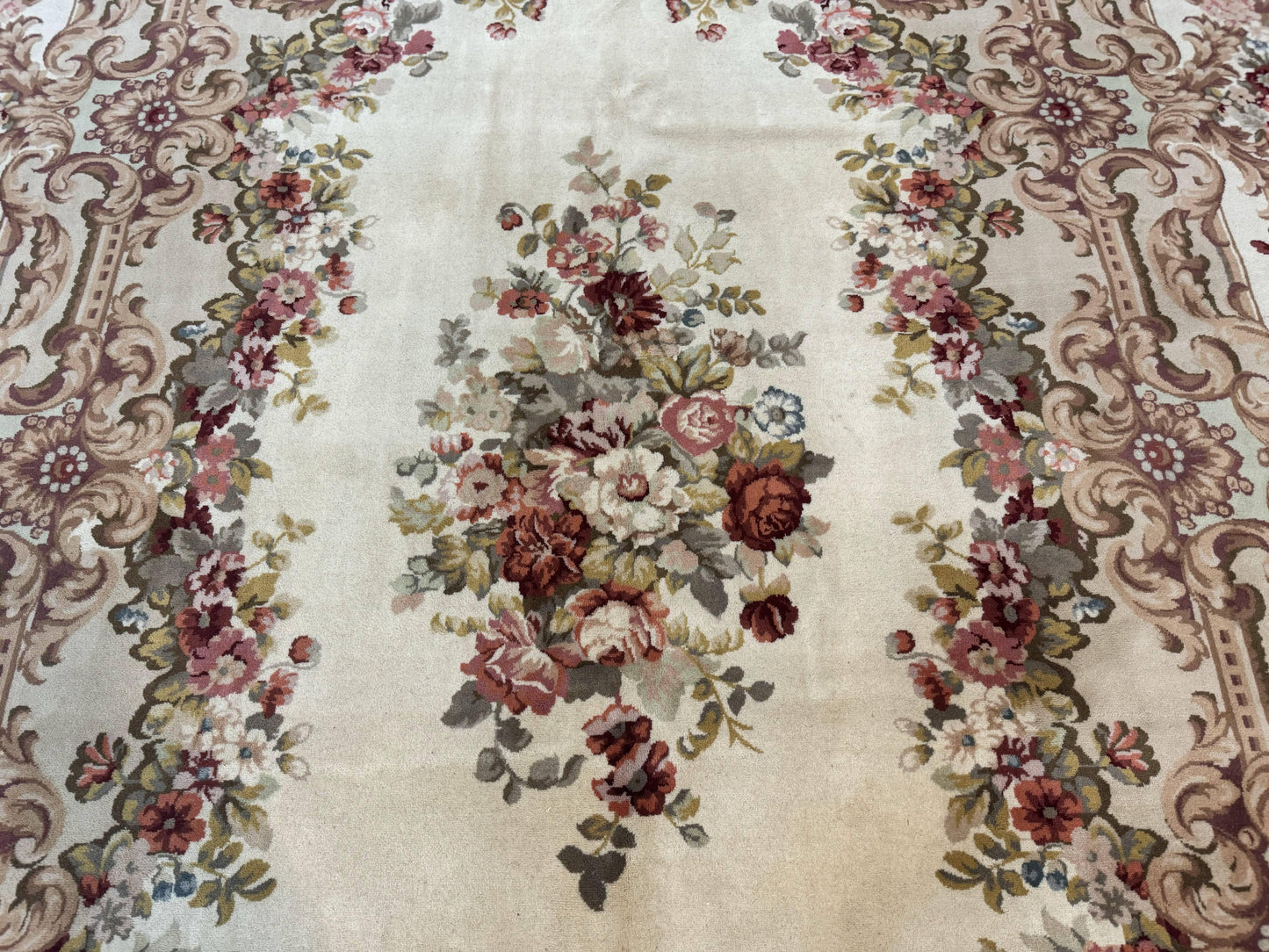 Aubusson Rug 8x12, European French Savonnerie Design, Thick Wool Pile, Elegant Rug, Cream Beige Light Green