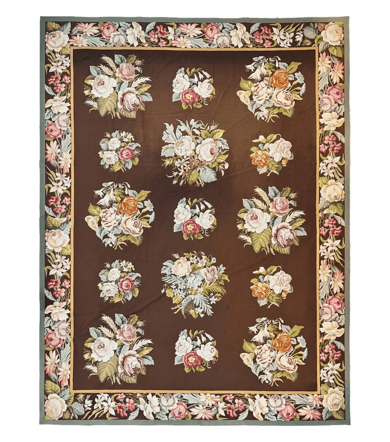 Vintage Needlepoint Rug 9x12, Large Handmade Hand-woven Needlepoint Carpet, Brown Area Rug, Floral Bouquets, Wool Rug, European Design