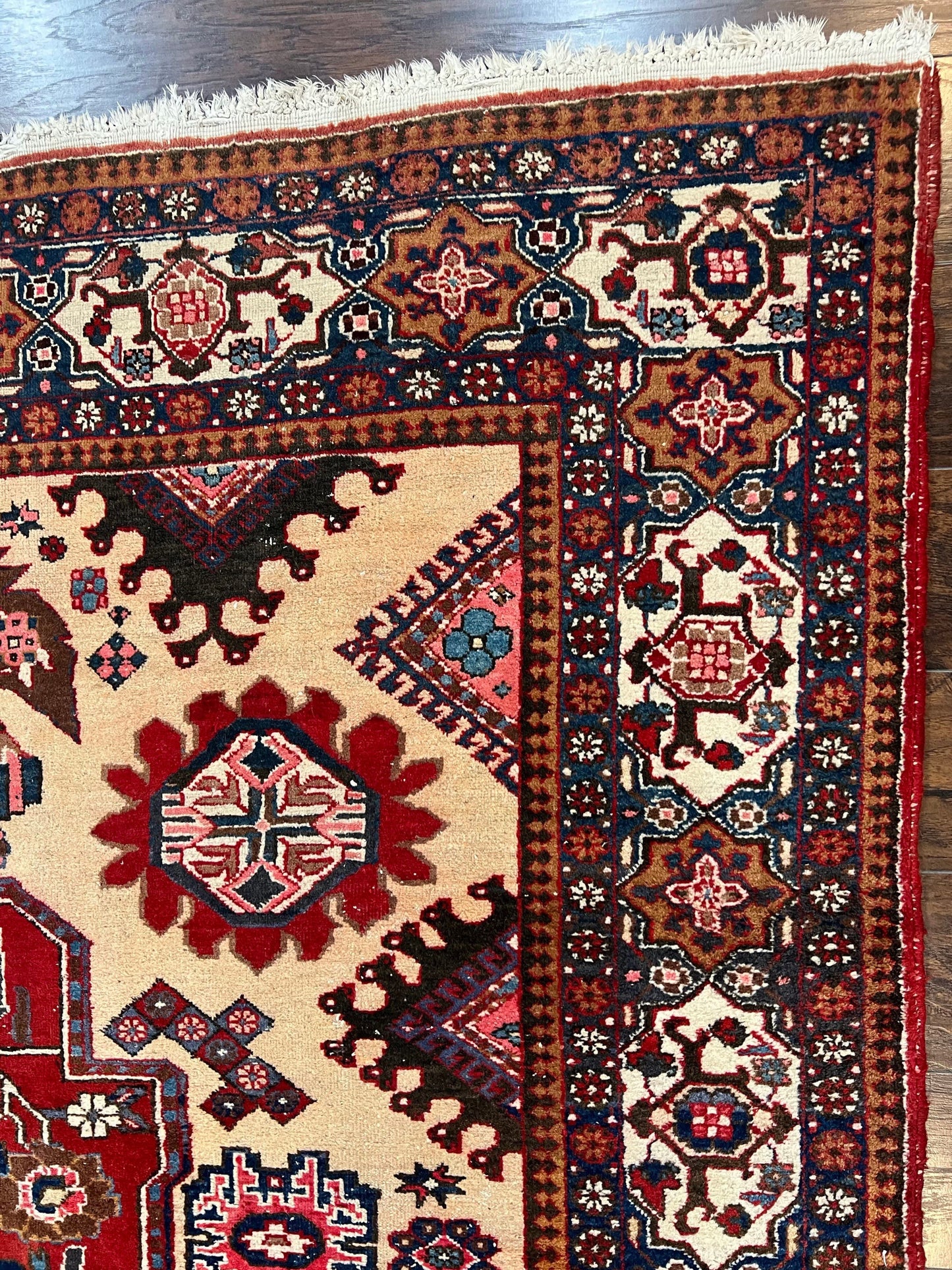 Antique Persian Heriz Rug 8x12 ft, Geometric Tribal Room Sized Carpet, Camel Hair Red Navy Blue, Wool Hand Knotted Medallion Oriental Carpet