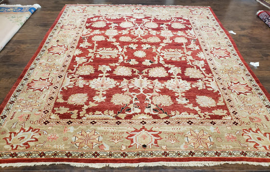 Peshawar Rug 9.5 x 10.8, Almost Square Size, Red and Beige Chobi Sultanabad Rug, Shah Abbas Flowers, Wool Handmade, Vintage Oriental Carpet