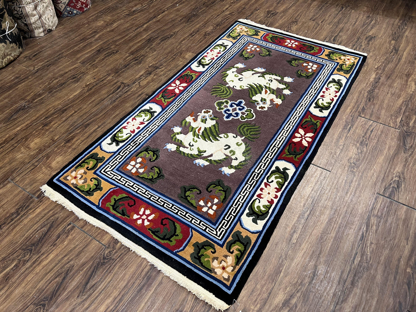 Chinese Art Deco Rug 3 x 5.5 with Animal Pictorials, Vintage Chinese Peking Wool Area Rug, Dark Puce Maroon Ivory, Hand Knotted Soft Carpet