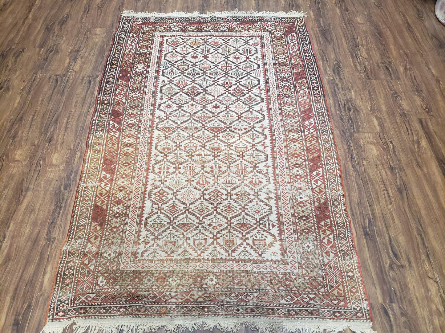 Antique Caucasian Shirvan Rug 4x6, Dagestan Area Rug, Wool Hand-Knotted Soft Red & Ivory 1920s Oriental Carpet, Soft Muted Colors