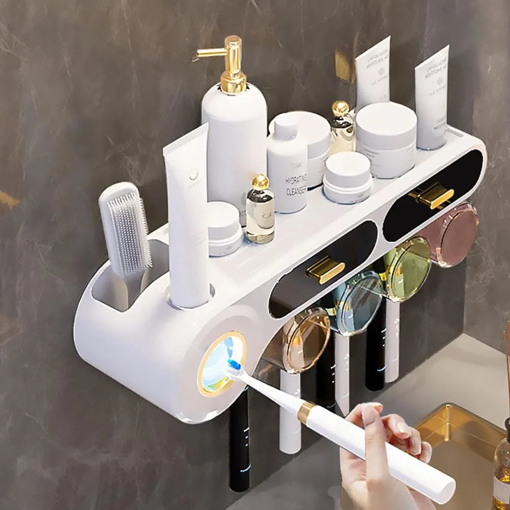 Toothbrush Holder Wall Mounted With Automatic Toothpaste Dispenser And Drawer