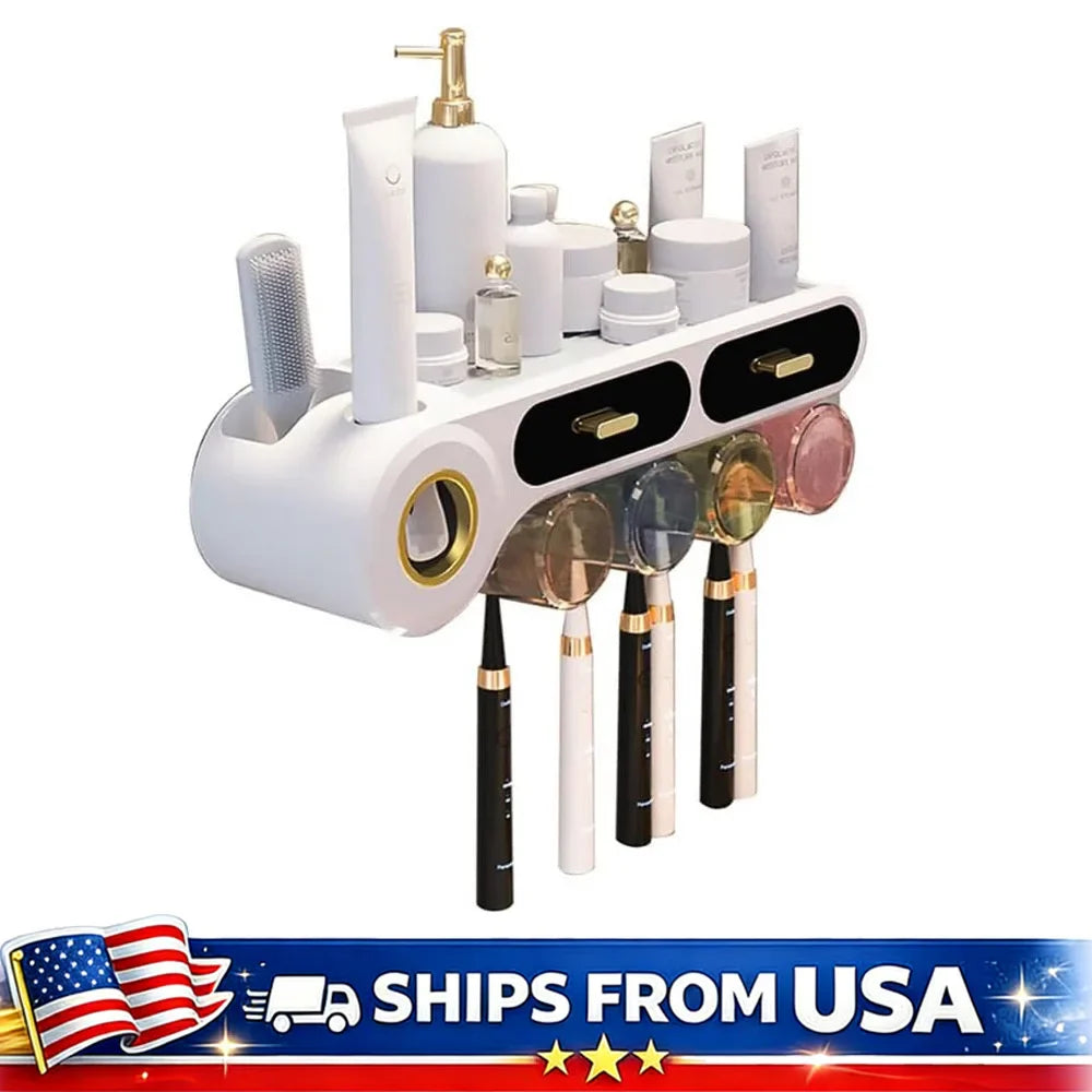 Toothbrush Holder Wall Mounted With Automatic Toothpaste Dispenser And Drawer