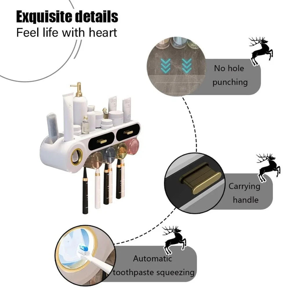 Toothbrush Holder Wall Mounted With Automatic Toothpaste Dispenser And Drawer
