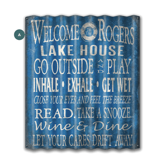 Welcome to the Lake House: Blue Personalized - Corrugated Metal Wall Art