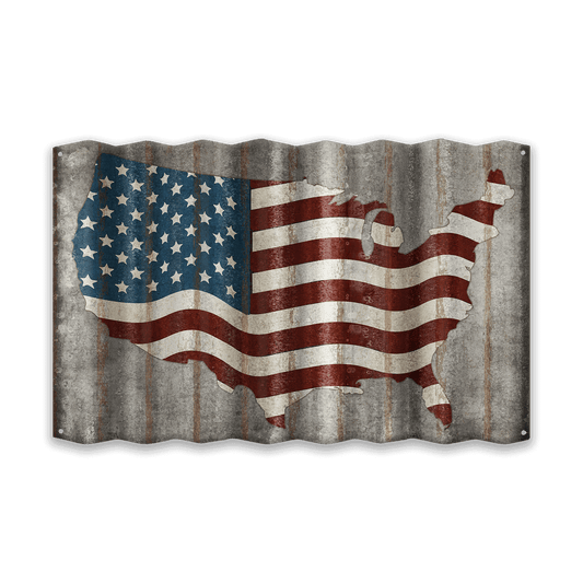 USA Flag: Stars & Stripes Map - Corrugated Metal Wall Art