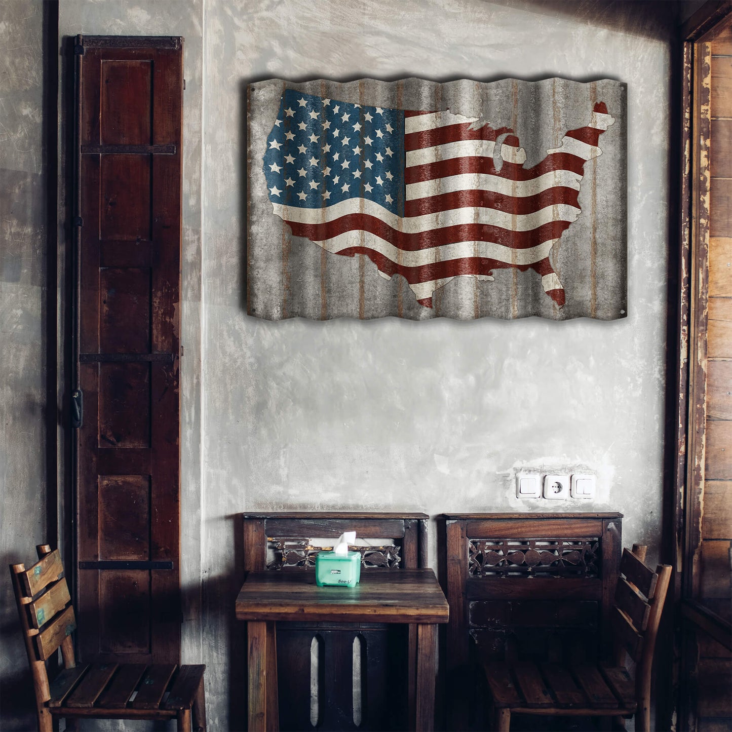 USA Flag: Stars & Stripes Map - Corrugated Metal Wall Art