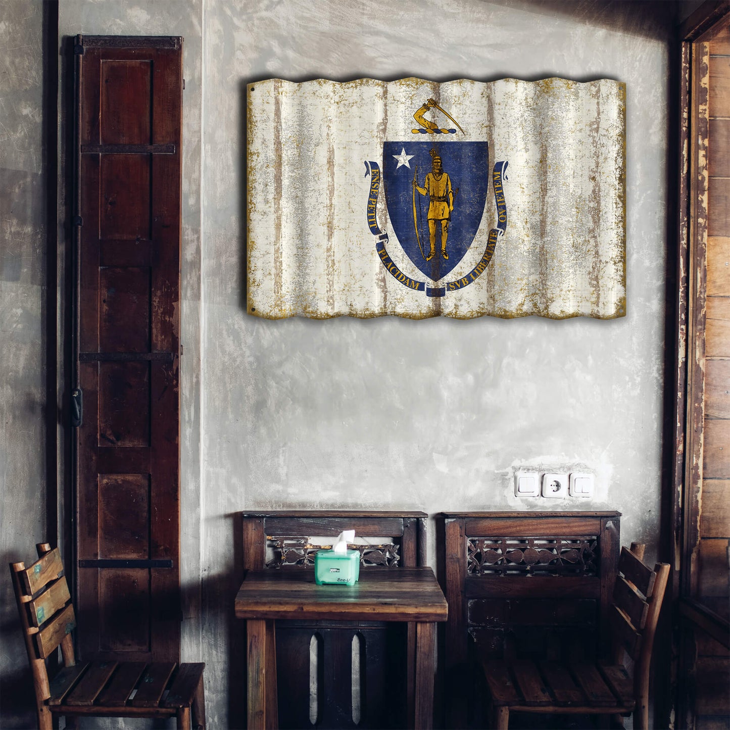 Massachusetts State Flag - Corrugated Metal Wall Art