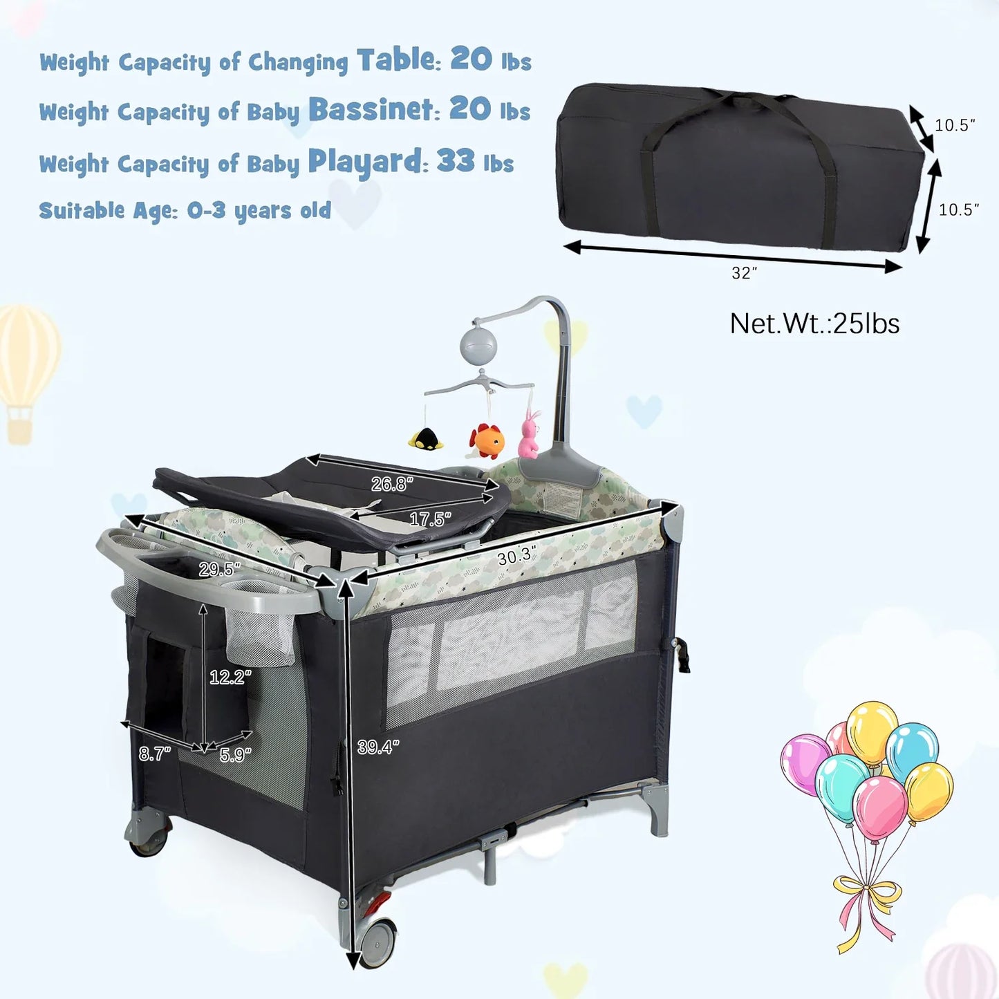Pack And Playard With Bassinet Changing Table Lockable Wheels MusicBox