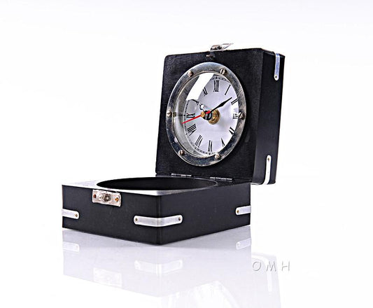 Brass Compass & Clock W/Wooden Case