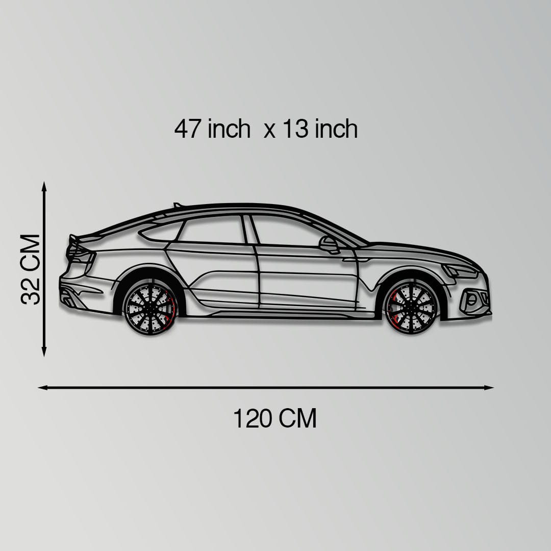Audi RS5 Metal Car Wall Art with Rotating Wheels - Performance Sportback Silhouette Decor - Interactive Automotive Wall Art - KAFMEKA097