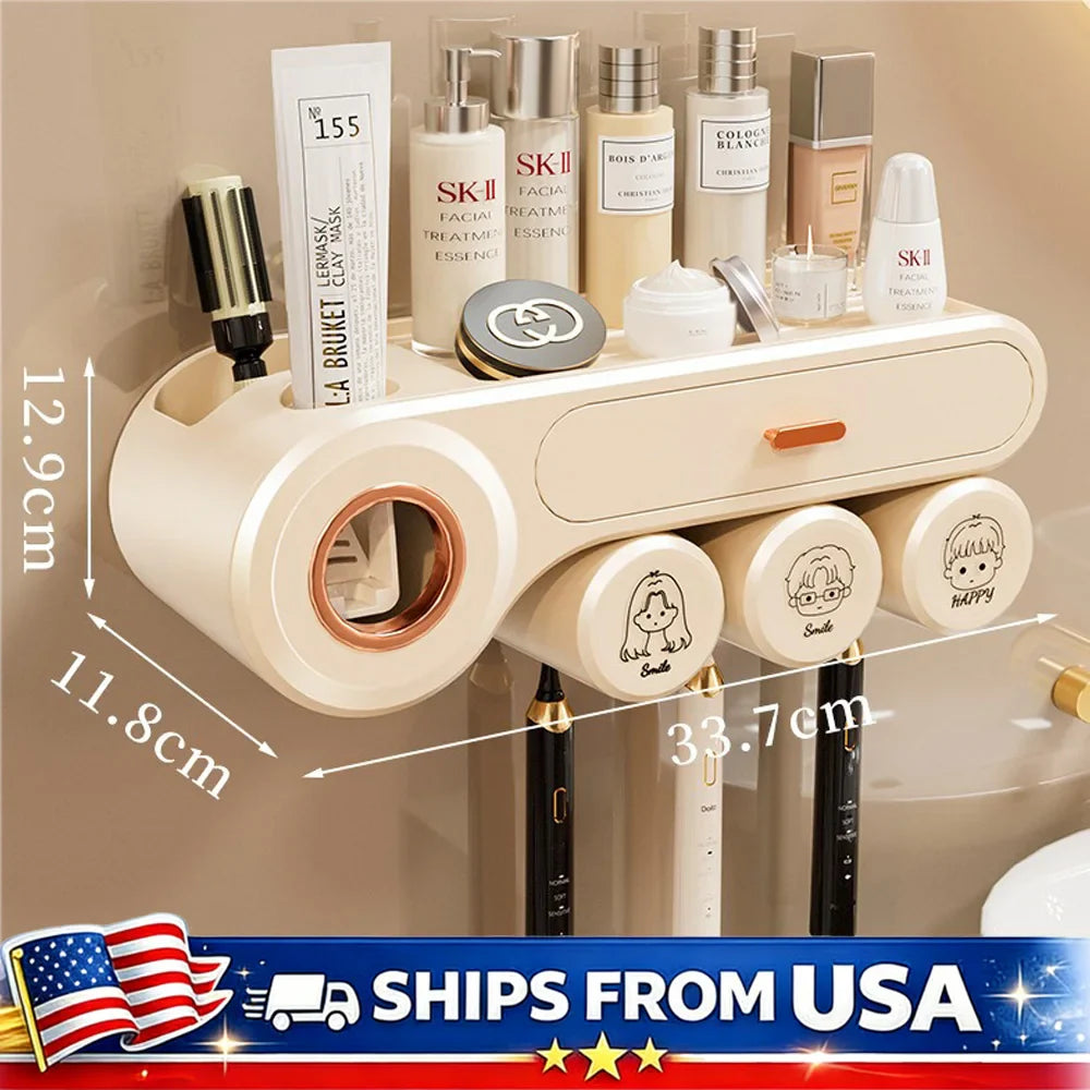 Toothbrush Holder Wall Mounted With Automatic Toothpaste Dispenser And Drawer