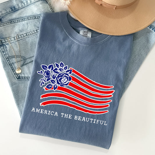 America The Beautiful Flower Flag Patriotic Heritage Pride Vintage Americana Statement Comfort Colors Tee