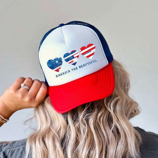 America The Beautiful Hearts Patriotic Trucker Hat For Independence Day Fans Celebrate Year Round