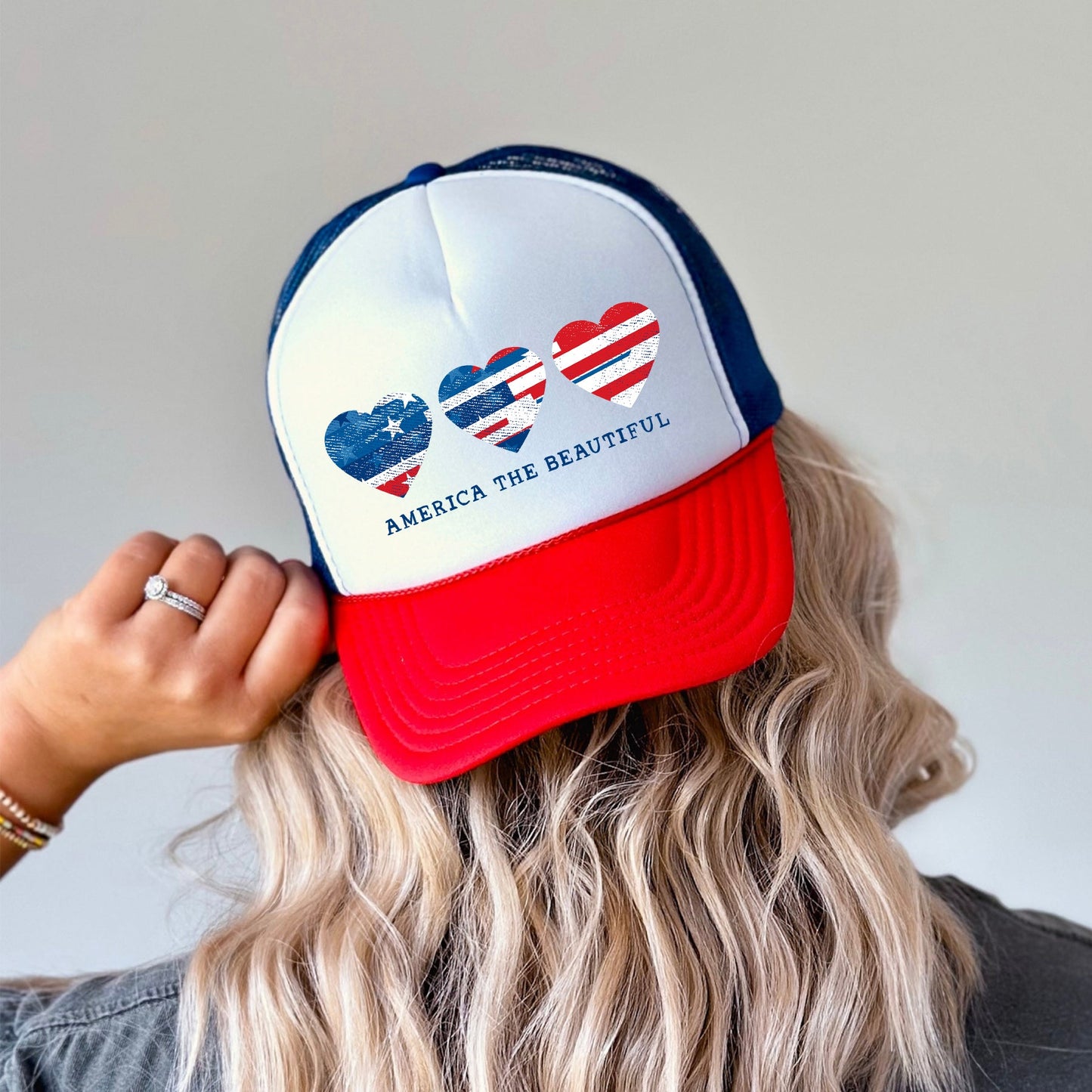 America The Beautiful Hearts Patriotic Trucker Hat For Independence Day Fans Celebrate Year Round