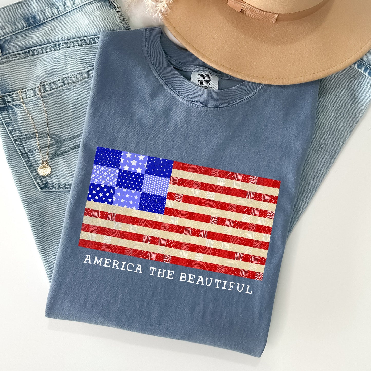 America The Beautiful Quilt Flag Fourth Of July Patriotic Quilt Pattern Comfort Colors Tee
