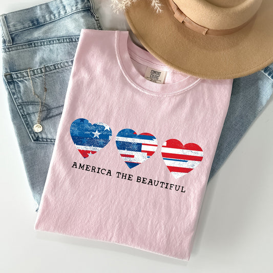 America The Beautiful Retro Hearts Patriotic Vintage Flag Inspired Graphic Edition Comfort Colors Tee