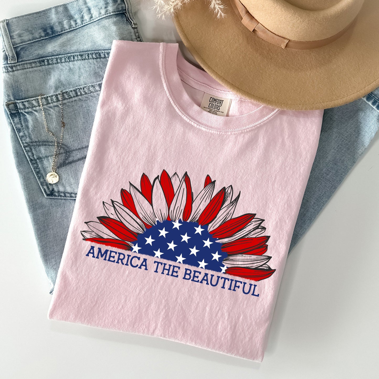 America The Beautiful Sunflower Flag Red White Blue Patriotic Comfort Colors Tee