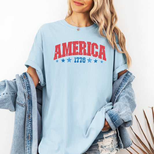 America 1776 Varsity Patriotic USA 4th Of July Heritage Pride Comfort Colors Tee