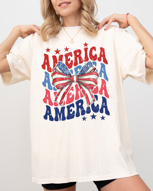 America Retro Patriotic Bow Independence Day USA Fourth Of July Vintage Flag Comfort Colors Tee