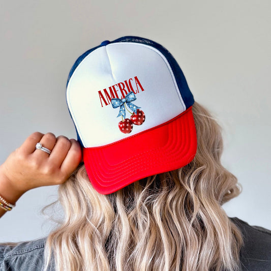 America, Cherries, Patriotic Flag Inspired American Pride Summer Holiday Edition Trucker Hat