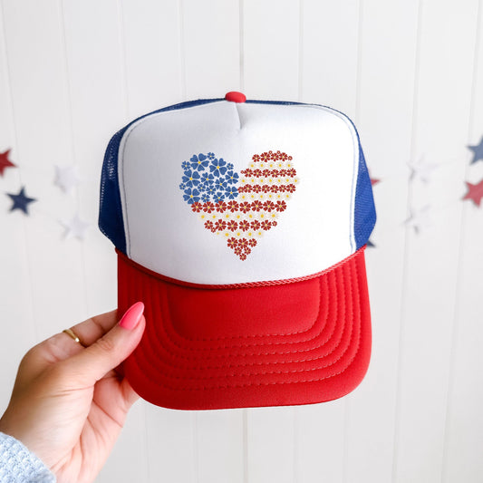 America Floral Heart Patriotic Pride Emblem Celebrating Freedom And American Spirit Trucker Hat
