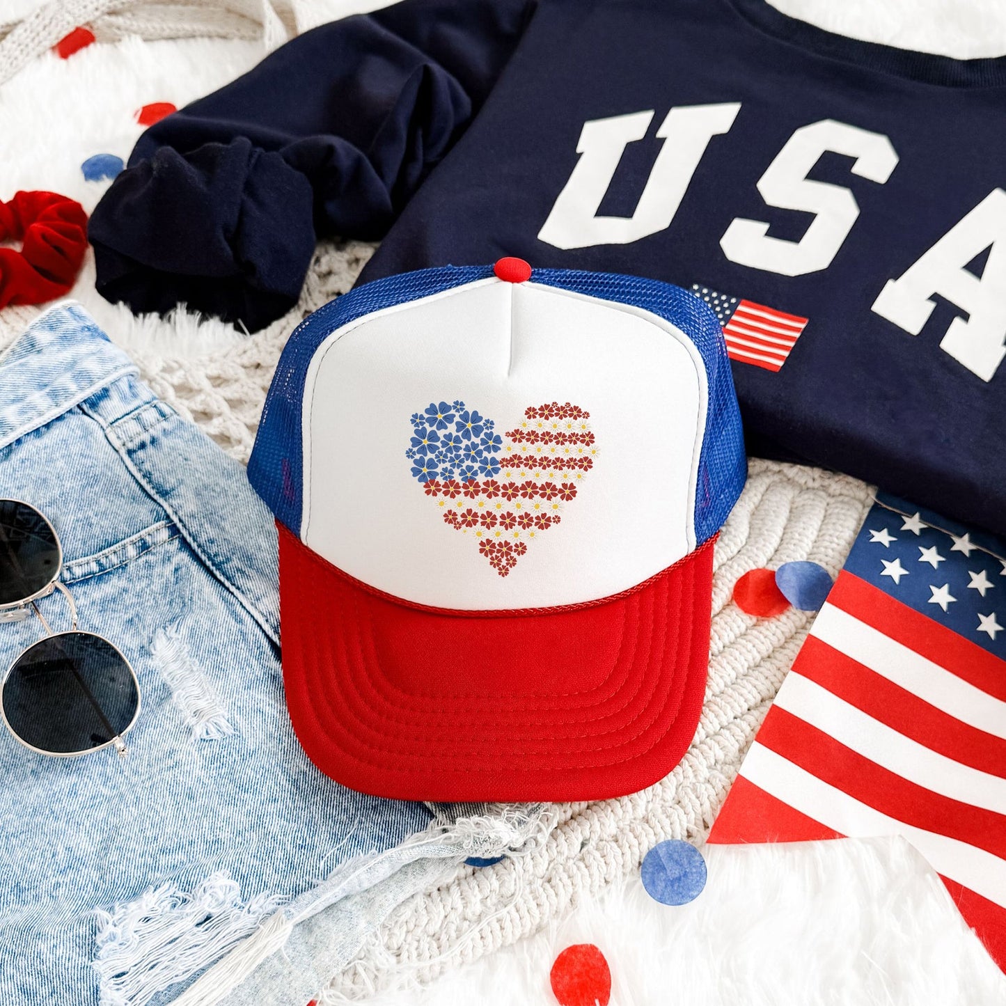 America Floral Heart Patriotic Pride Emblem Celebrating Freedom And American Spirit Trucker Hat