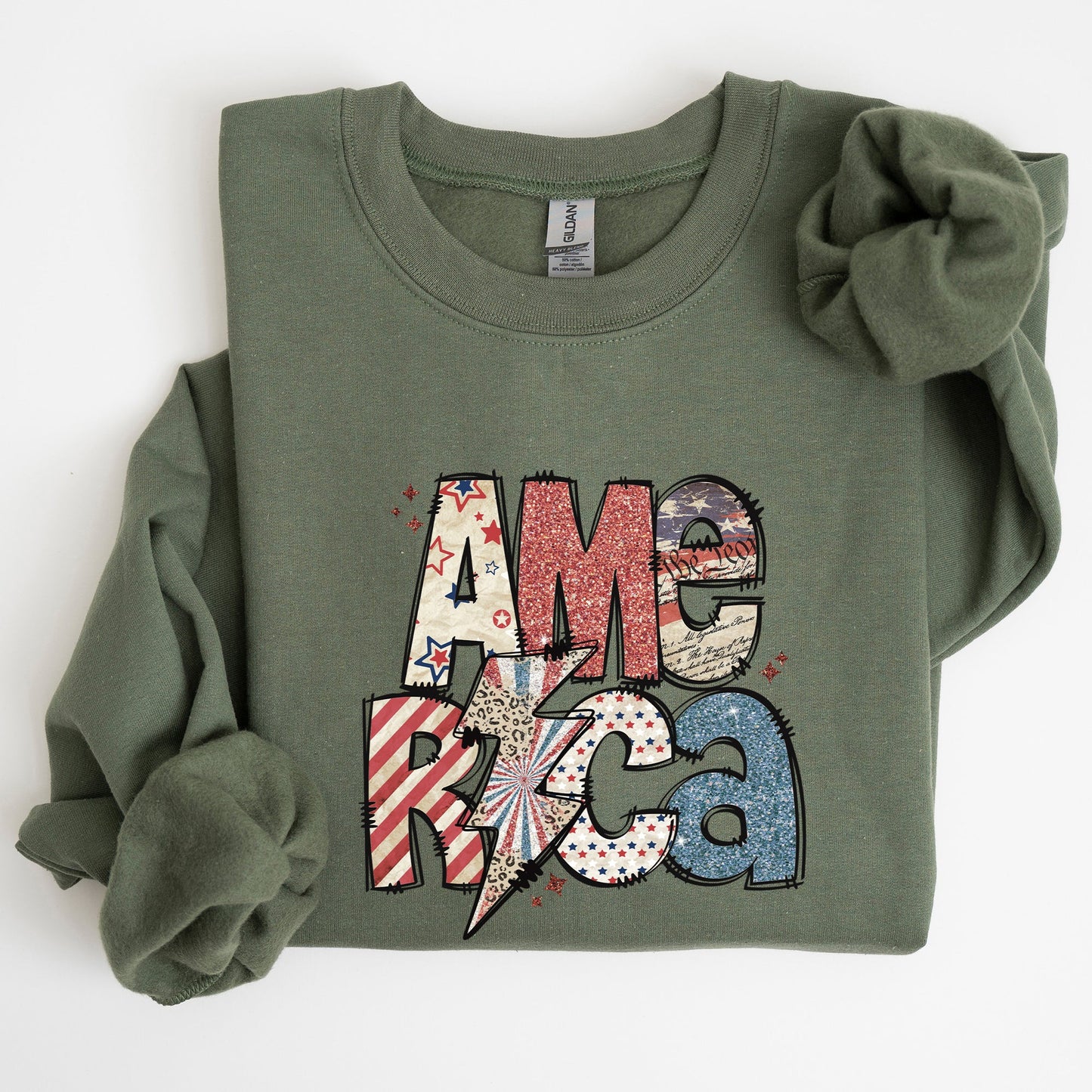 America Patriot Lightning Bolt Patch Graphic In Bold Patriotic Style Sweatshirt