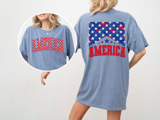America Patriotic Flag Stars Stripes Front And Back Vintage Print Comfort Colors Tee