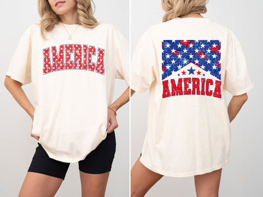 America Patriotic Flag Stars Stripes Front And Back Vintage Print Comfort Colors Tee